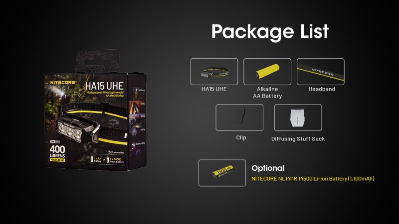 NITECORE Čelovka HA15 UHE s akumulátorom NL1411R - yellow / black (NC-HA15R)