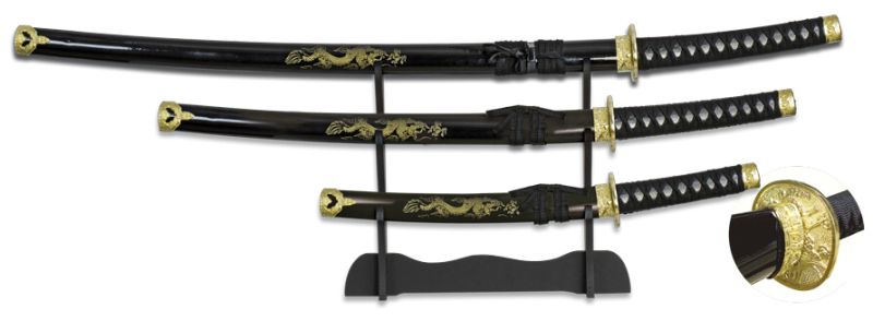 TOLE10 Sada 3ks mečov Katana 70/49/29cm - wrapped wood/black