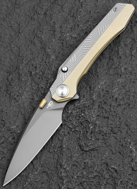 BESTECH Zatvárací nôž WET NELLIE ButtonFrameLock Grey PVD - bead blasted bronze (BT2505D)