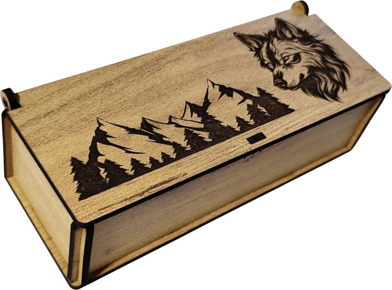Municák box na zatvárací nožík, vlk+hory v1, dub zlatý